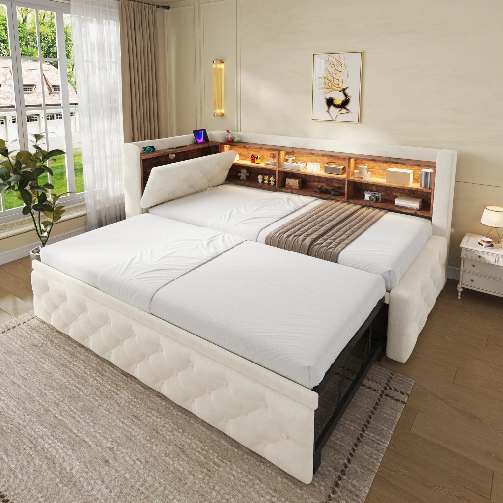 Letto singolo estraibile 90 × 190 cm in velluto beige con rete a doghe LED USB Type-C e bracciolo contenitore