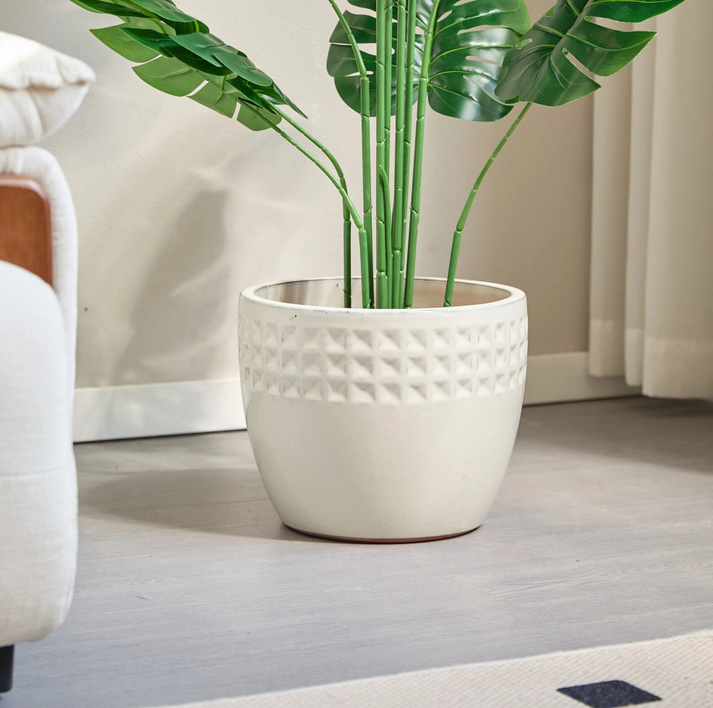 Set di 3 vasi in ceramica fatti a mano, smalto lucido crema con rilievo a cialda triangolare, Ø 38/30,5/23 cm, con foro di drenaggio, resistenti al gelo per interno e balcone