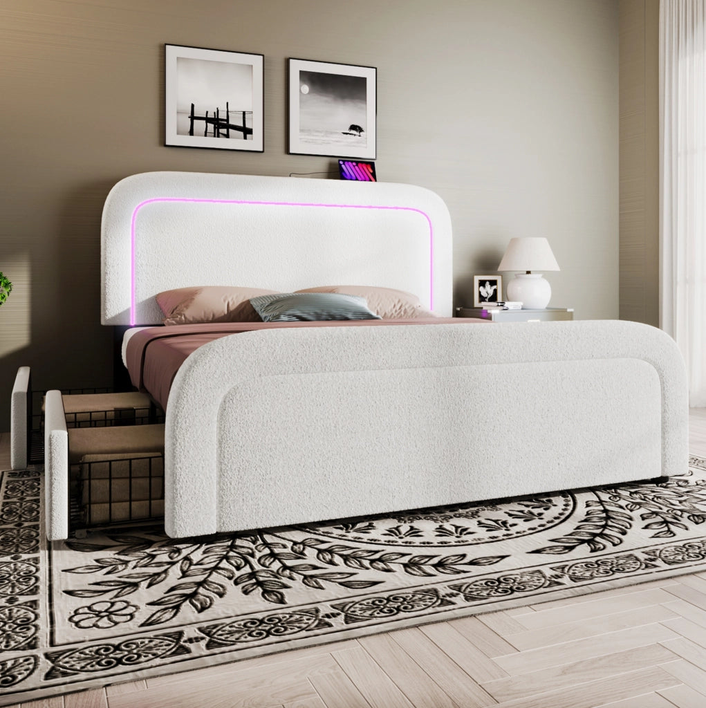 Letto matrimoniale 160x200 cm in sherpa bianco con materasso; 4 cassetti; LED e USB/Type-C HOMVRA