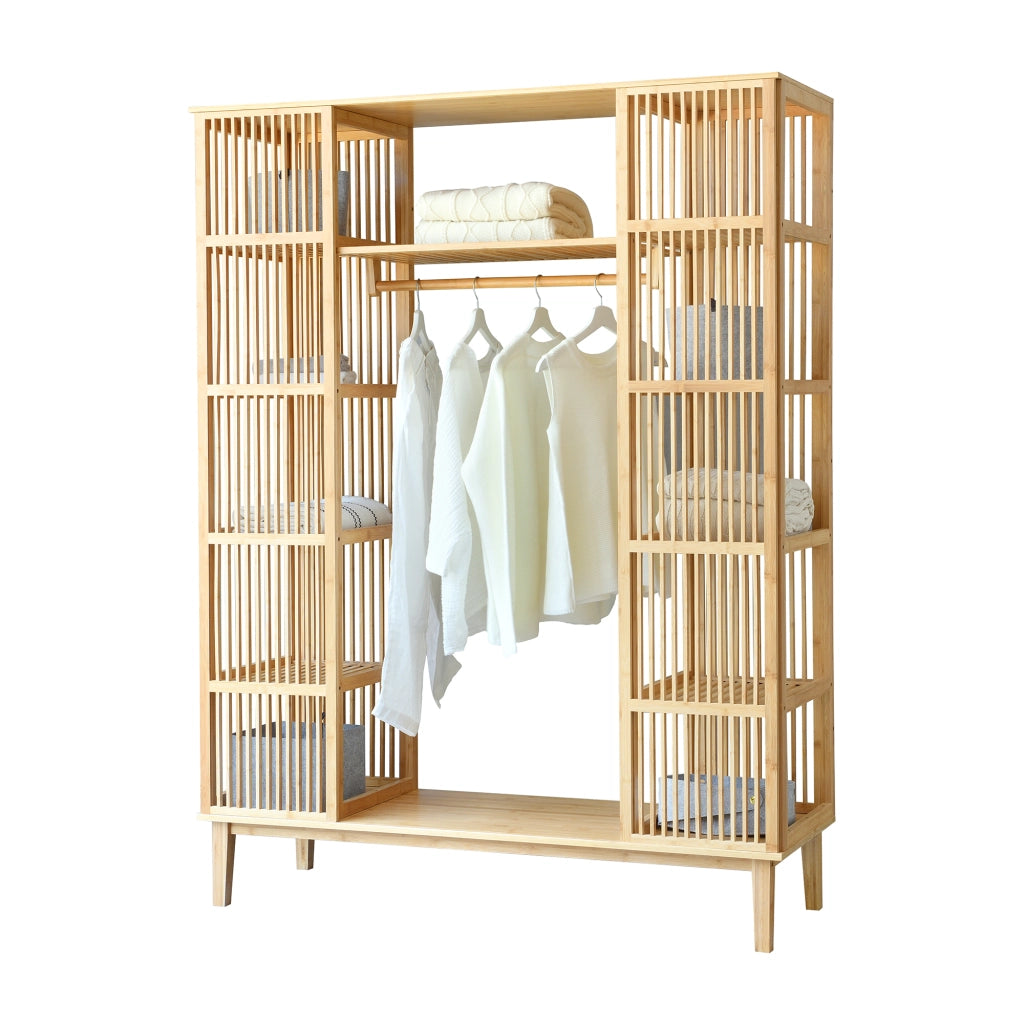 Armadio Guardaroba Hudiksvall in Bambù Naturale con 2 Ante Scorrevoli 185x140x45 cm [en.casa]