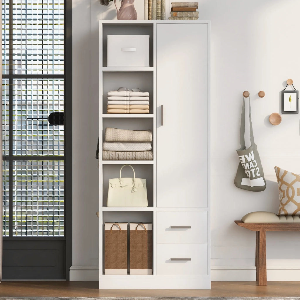 Armadio 1 anta 70x50x170 cm, bianco, con ripiani, 2 appendini separati e 2 cassetti