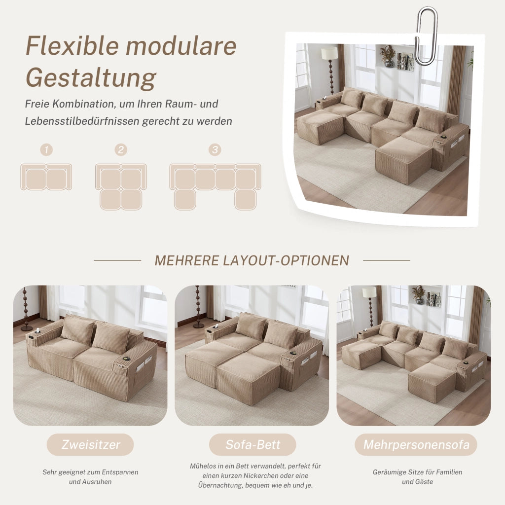 Divano modulare a 4 posti in velluto a coste kaki con 2 pouf portabevande e tasche laterali 330 × 162 × 75 cm