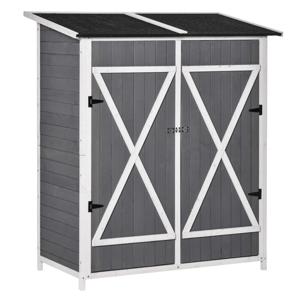 Armadio da Giardino in Legno di Abete Grigio e Bianco con 2 Porte e Tetto Asfaltato 139x75x160 cm