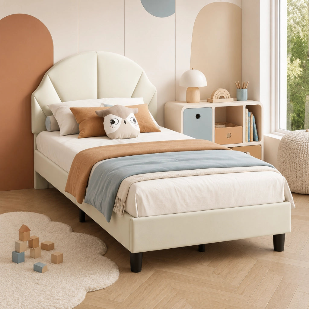 Letto per bambini 90x200 cm; letto singolo imbottito con testiera regolabile e rete a doghe per bambini;adolescenti; velluto; beige; senza materasso
