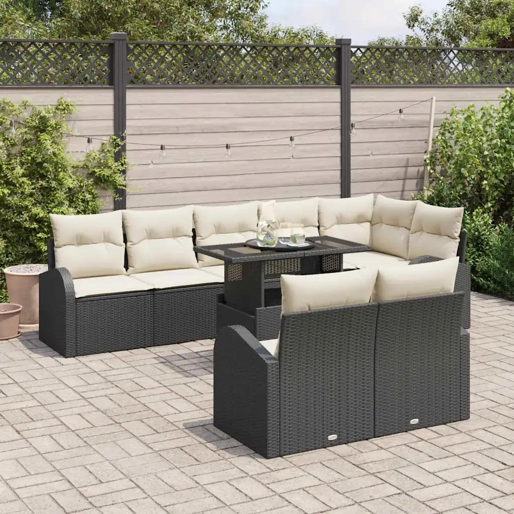 Set Divano da Giardino 9 pcs Nero e Crema polyrattan