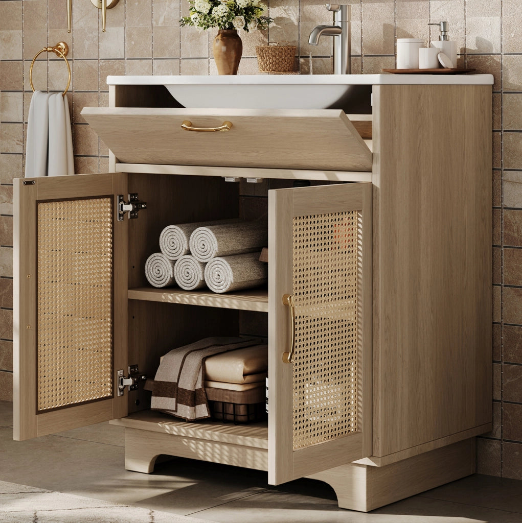 Mobile bagno 76x46x88 cm con lavabo in ceramica, struttura in MDF resistente all'umidità, ante a chiusura soft e dettagli in rattan naturali