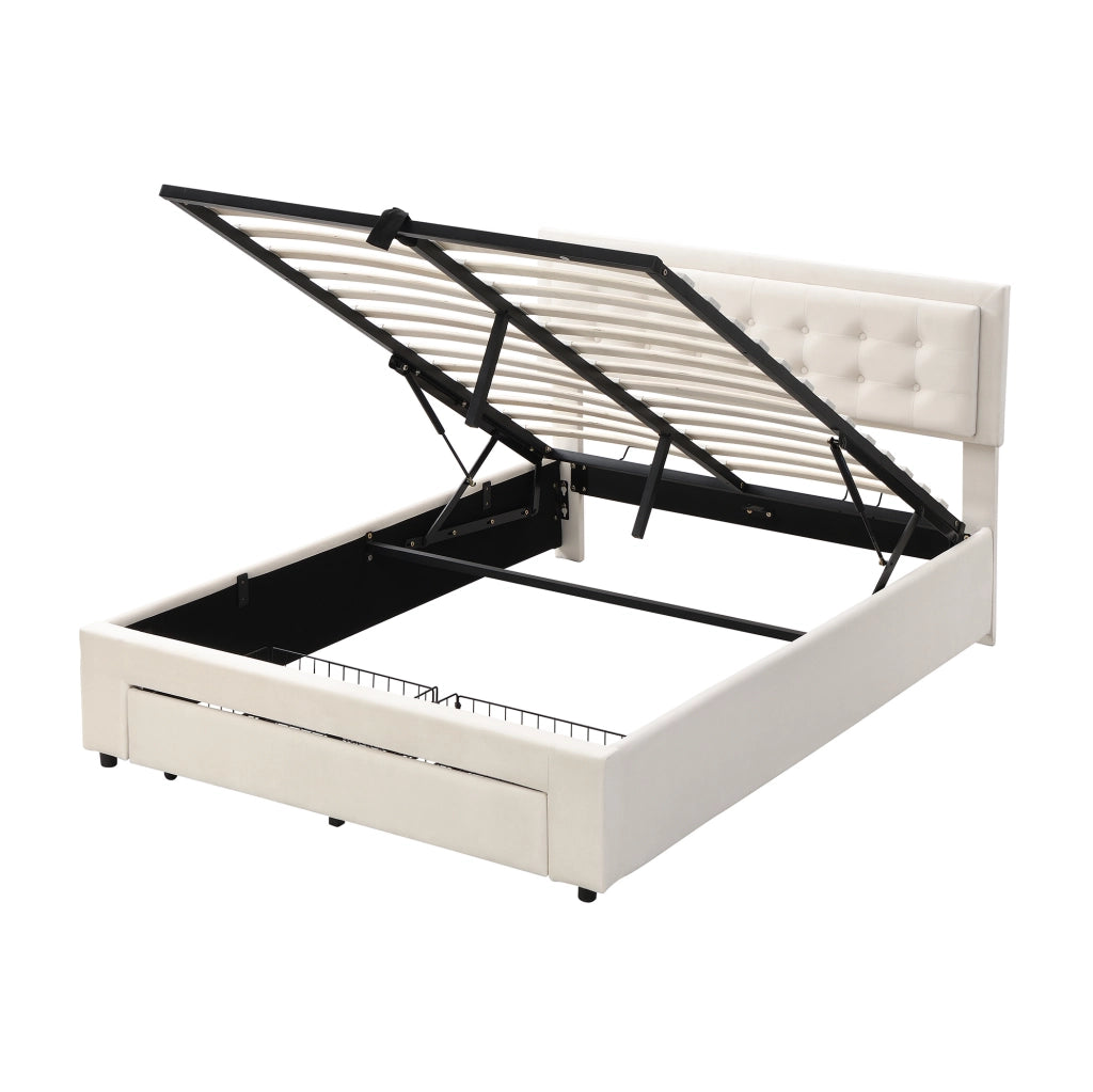 Letto in velluto beige con testiera regolabile e cassetti