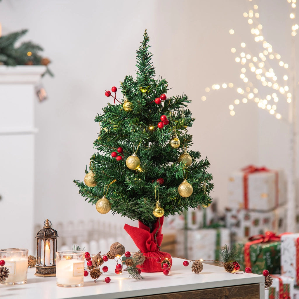 Albero di Natale piccolo, mini albero con bacche di agrifoglio, palline e luci LED, decorazione da tavolo verde PVC Ø40 x 60 cm
