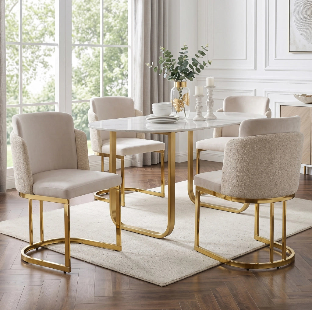 Set di 4 sedie da pranzo in ciniglia beige e oro