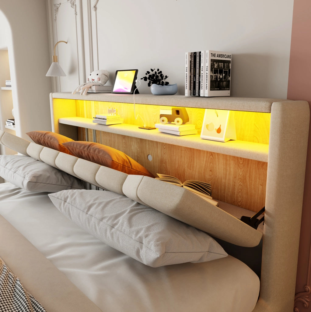 Letto contenitore ULEVR 180x200 cm con sistema idraulico, LED, USB e USB-C, rivestimento in tessuto beige