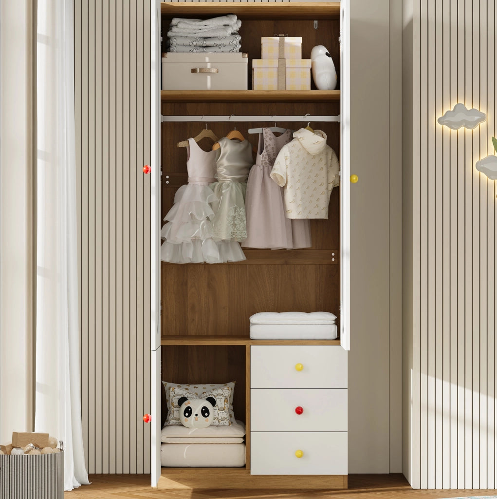 Armadio guardaroba bianco per bambini con 2 ante, 3 cassetti, bastone appendiabiti e maniglie in ceramica colorata, 80x50x200 cm