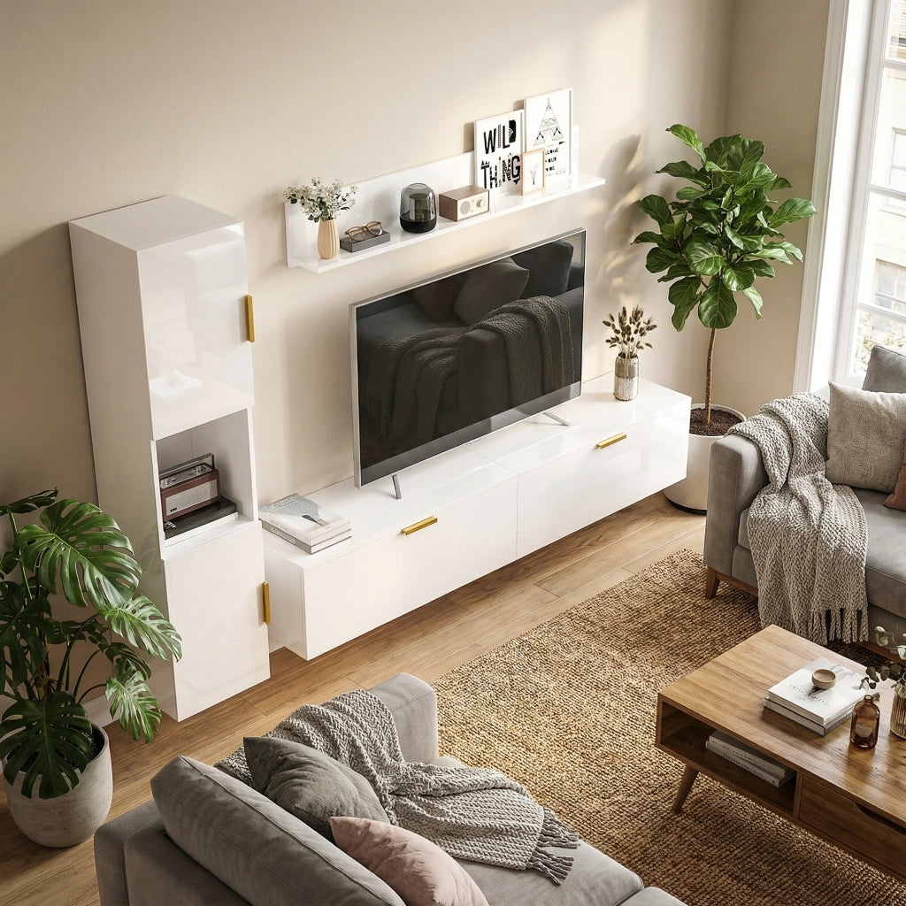 Mobile TV Sospeso a Parete 180 cm con Ante a Ribalta Mobile Porta TV Bianco Lucido Salvaspazio Design Moderno per Soggiorno