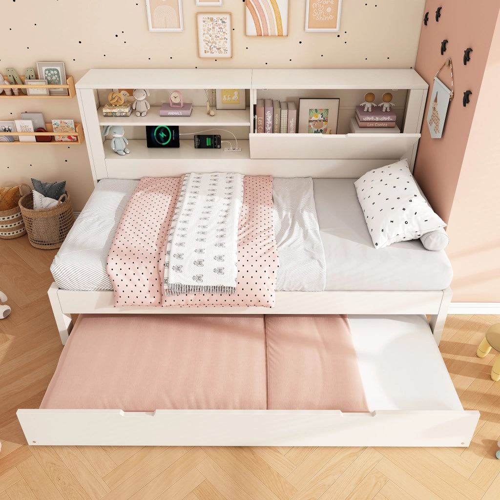 Letto divano 90×200 cm con letto estraibile 90×190 cm; vani; USB e USB-C; 2 posti; senza materasso; bianco