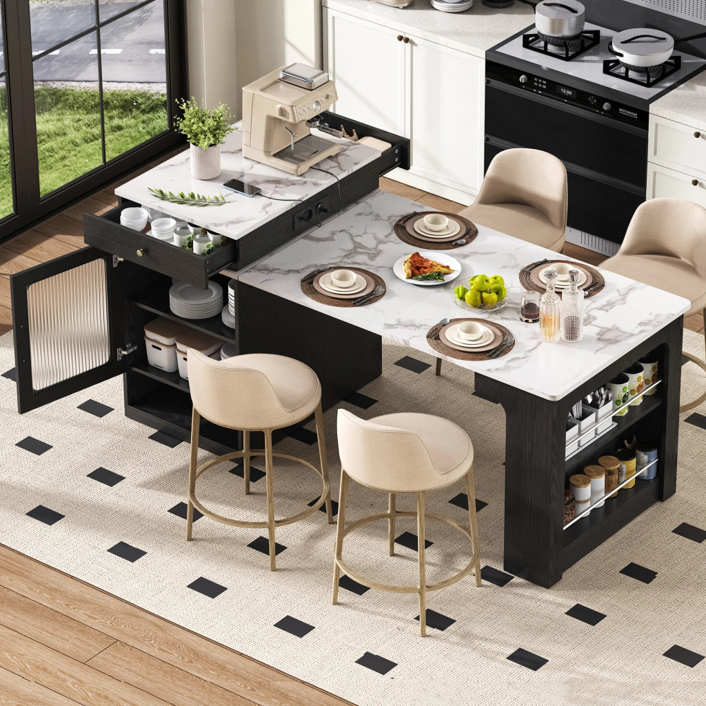 Tavolo allungabile con prese integrate; contenitore e ripiani regolabili bianco e nero 80 × 71–111–151 × 92 cm