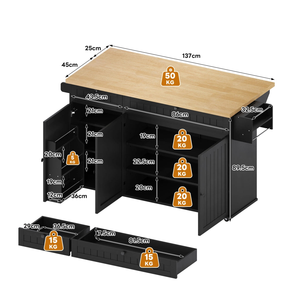 Isola da Cucina con Piano di Lavoro Ribaltabile, Carrello Mobile con 6 Ruote Blocabili, 2 Cassetti Grandi, Scaffale Porta Stoviglie e Armadietto, Nero, 137 x 89,5 x 45 cm