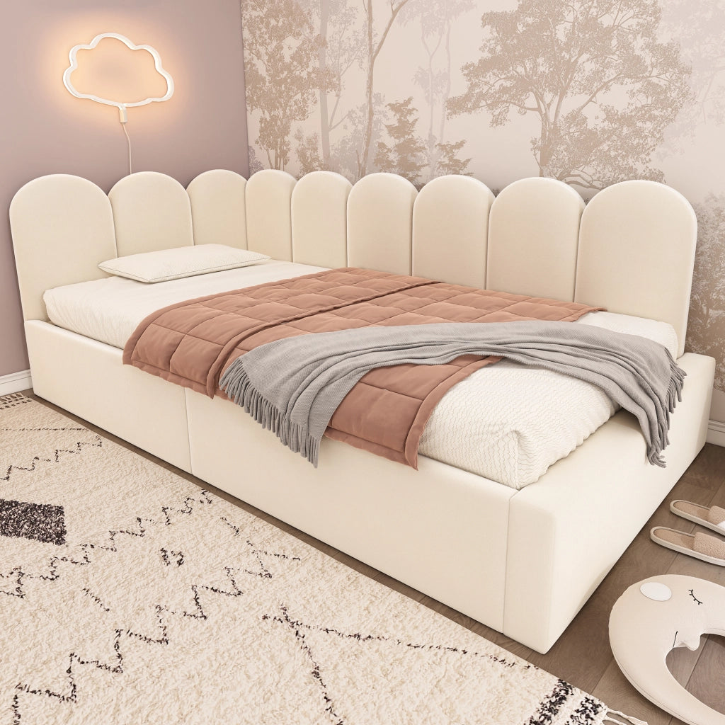 Letto per bambini 90x190 cm con vano contenitore idraulico; divano letto in velluto beige
