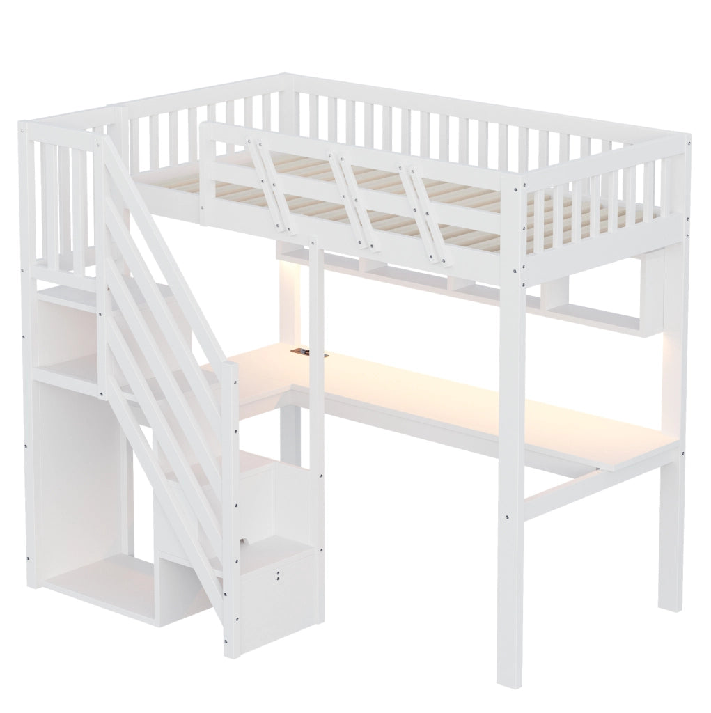 Letto a soppalco 90x200 cm con scrivania, LED e scale contenitore bianco