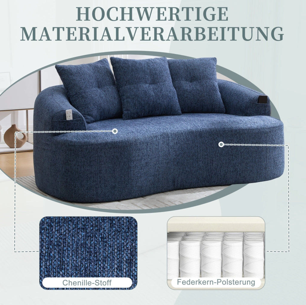 Divano due posti in chenille blu con design contemporaneo, senza molle, 164x92x60 cm