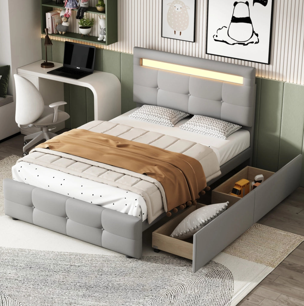 Letto imbottito 90x200 cm con LED e 2 cassetti; grigio