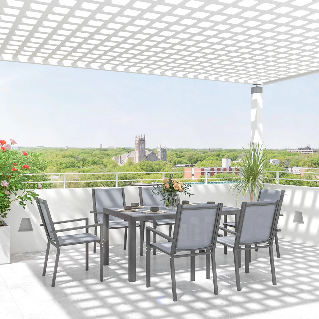 Set tavolo da pranzo giardino 6 persone ¨C Xylo ¨C sedie impilabili telaio acciaio grigio