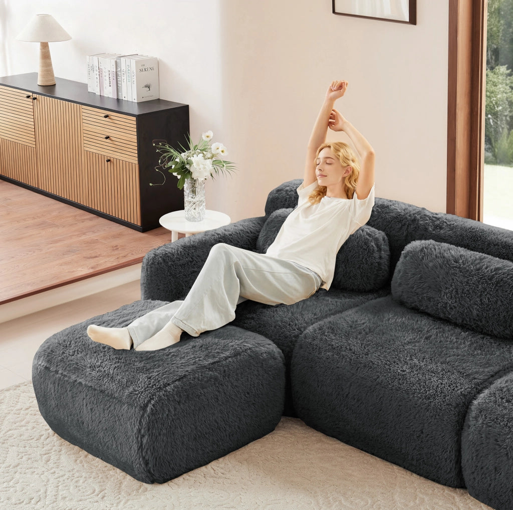 Divano modulare boneless Cloud in tessuto peluche grigio, con 3 ottomani, 3 posti, comodo per soggiorno