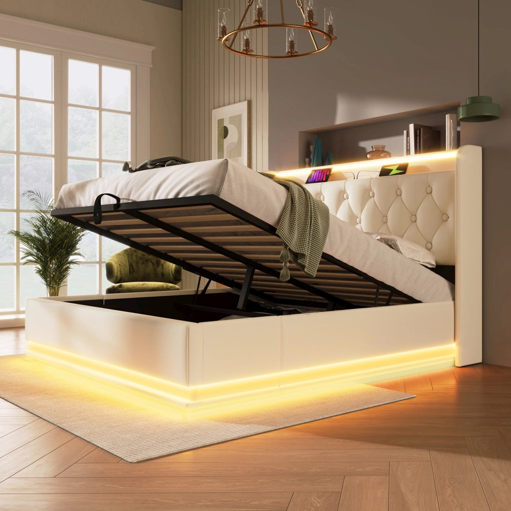 Letto matrimoniale contenitore 140 × 200 cm in PU bianco con LED a 360 gradi e ricarica USB e Type-C