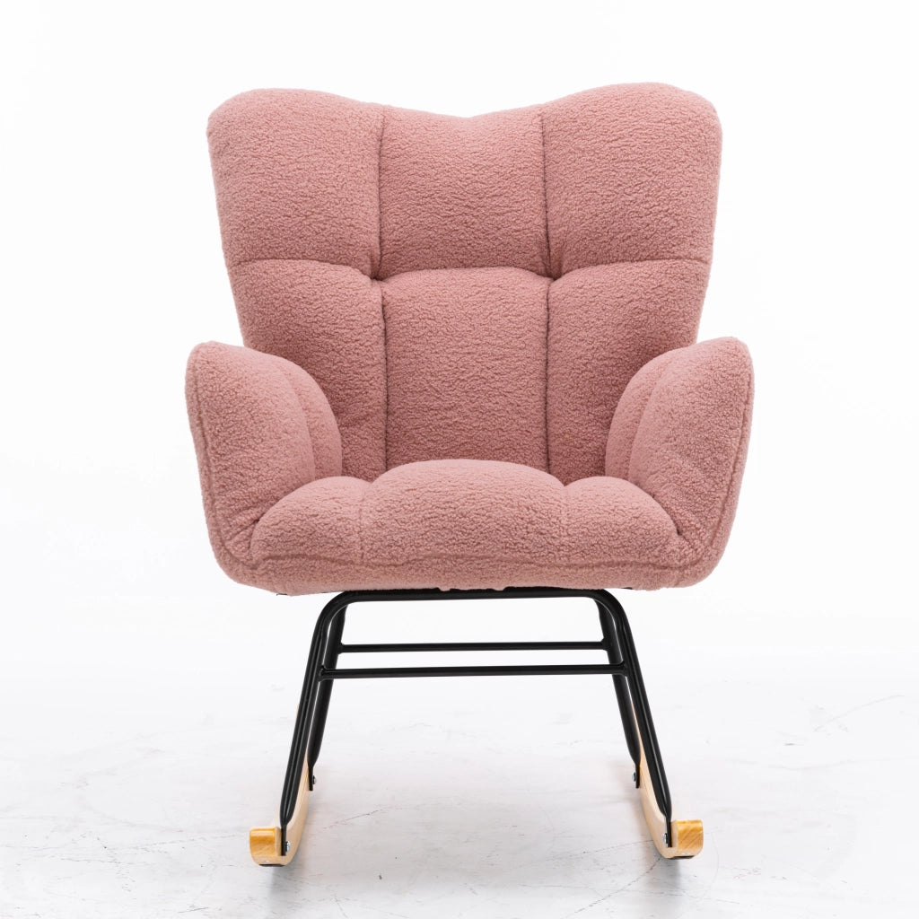 Poltrona a dondolo rosa in tessuto peluche con schienale alto