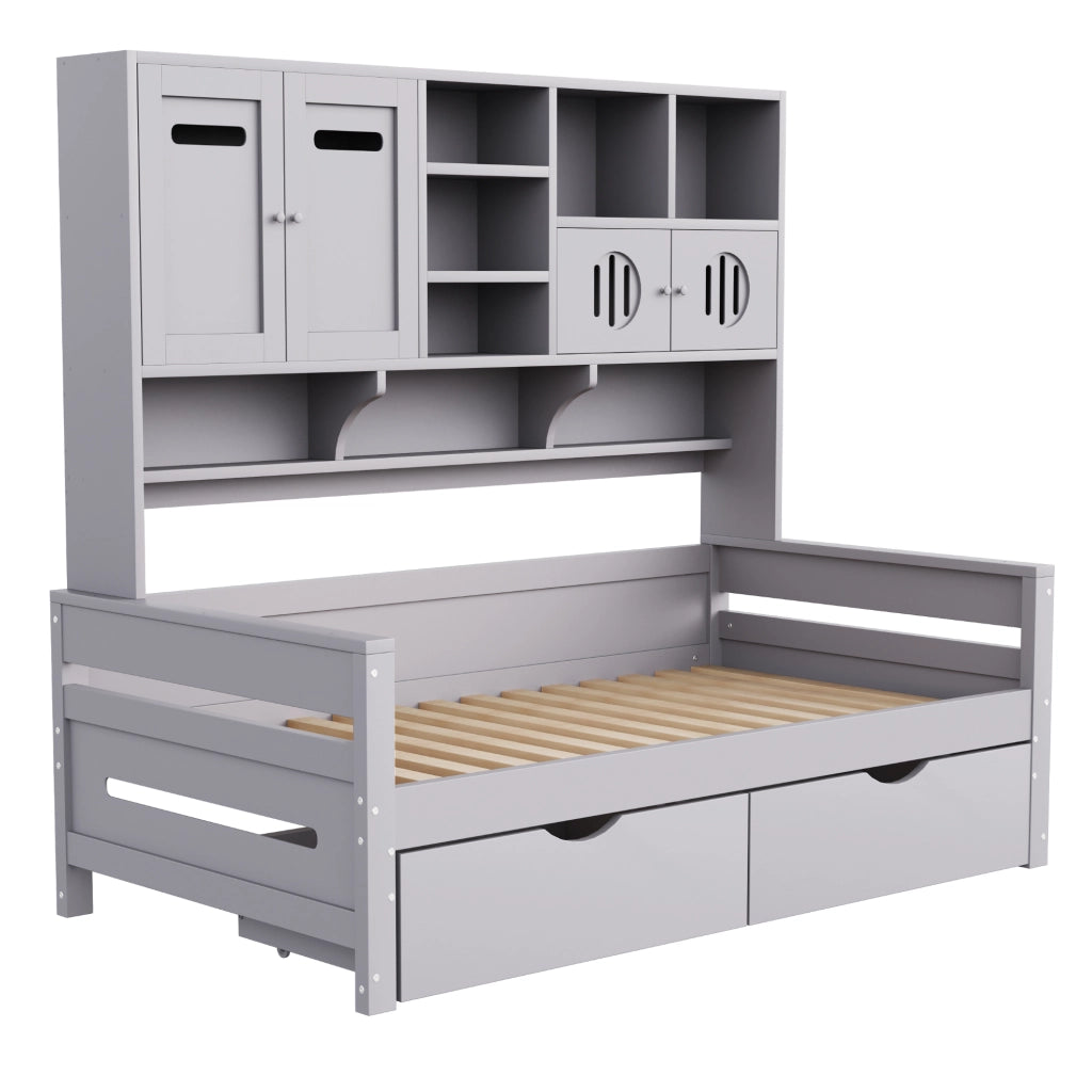 Letto con cassetti 90 × 200 cm con vano multifunzione e rete a 15 doghe in legno di pino grigio