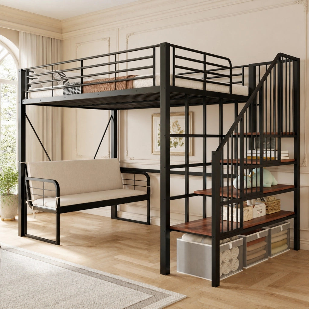 Letto a castello 140x200 cm nero con divano removibile, scala contenitore e struttura in metallo