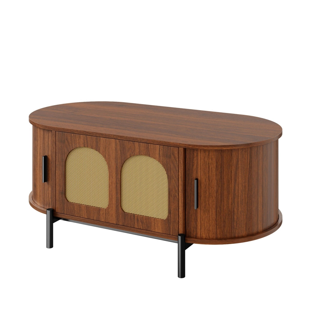 Tavolino da salotto ovale 100x50 cm con ante scorrevoli in rattan color noce HOMVRA