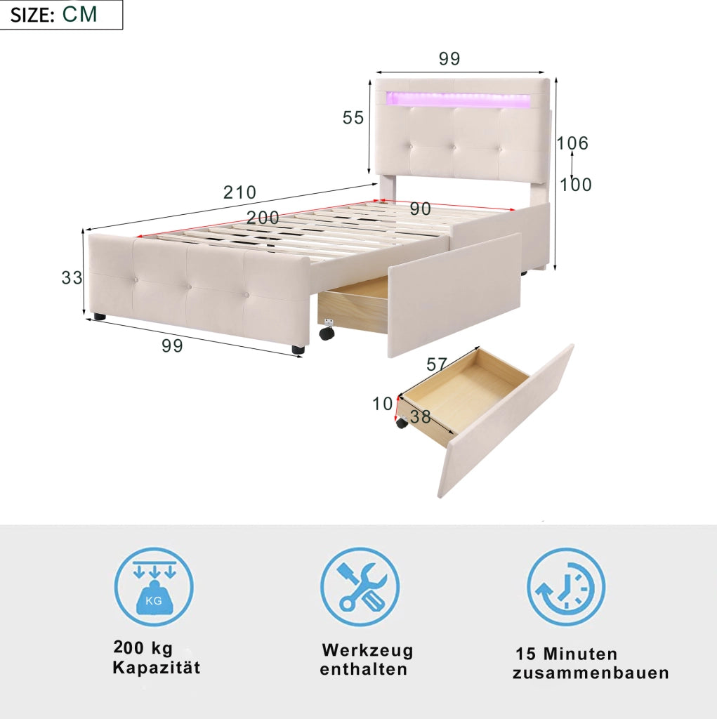 Letto singolo imbottito con LED; 2 cassetti e rete a doghe; beige