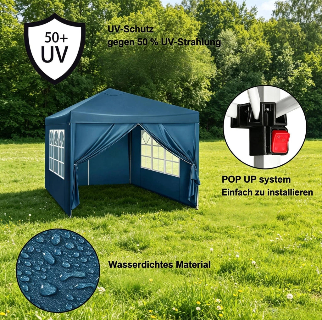 Gazebo pieghevole 3x3 m blu con tetto Oxford e pareti laterali