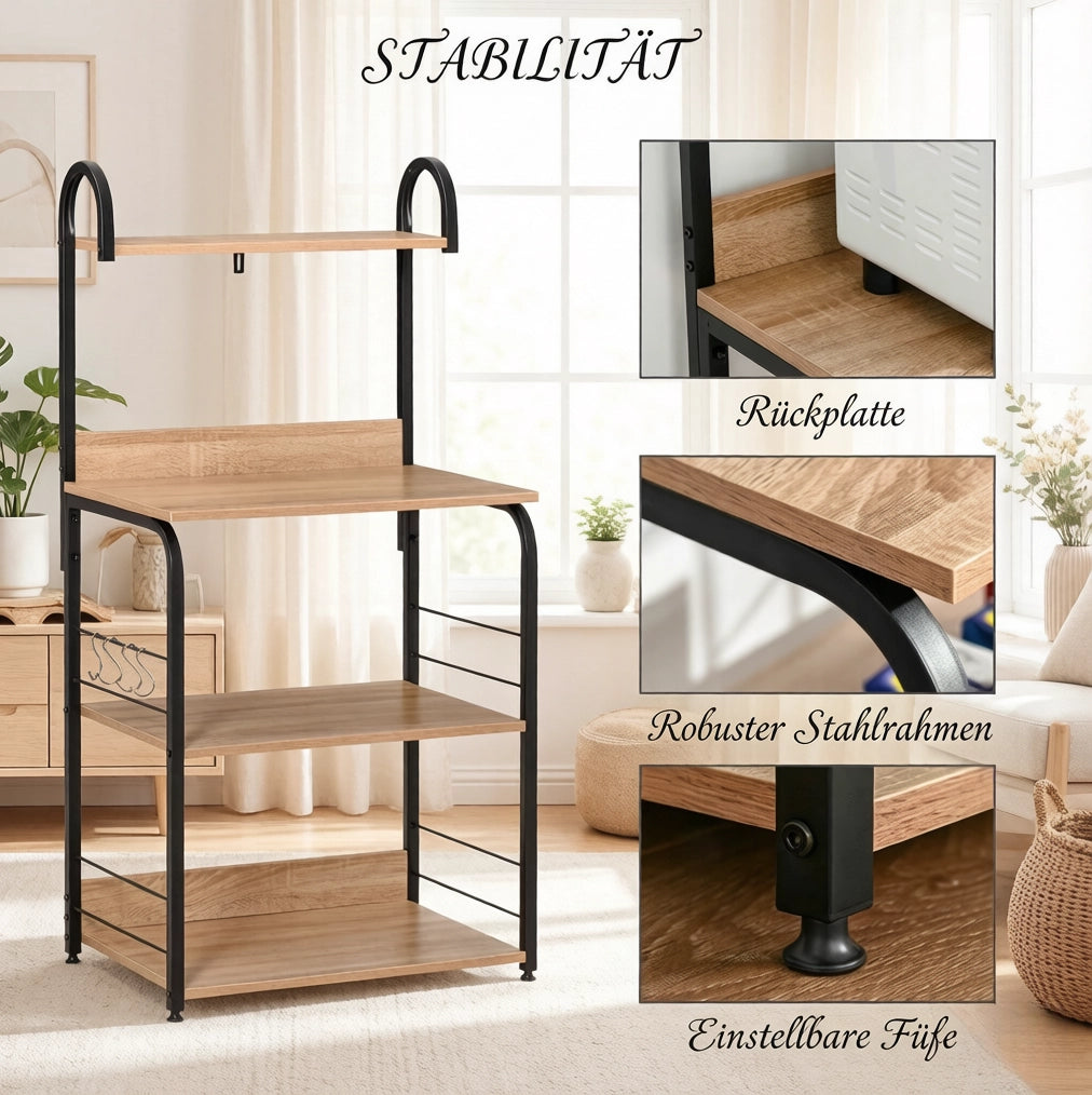 Scaffale da cucina in legno melaminico e metallo con 4 ripiani, 4 ganci, 60x40x125 cm, effetto legno naturale e nero
