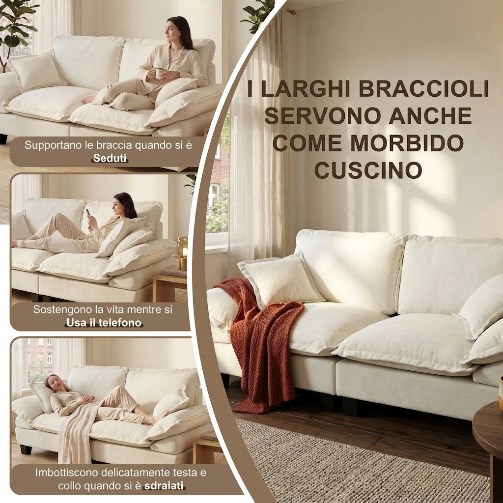 Divano angolare modulare nuvola 3 posti 194x151x90 cm con pouf mobile; ciniglia beige