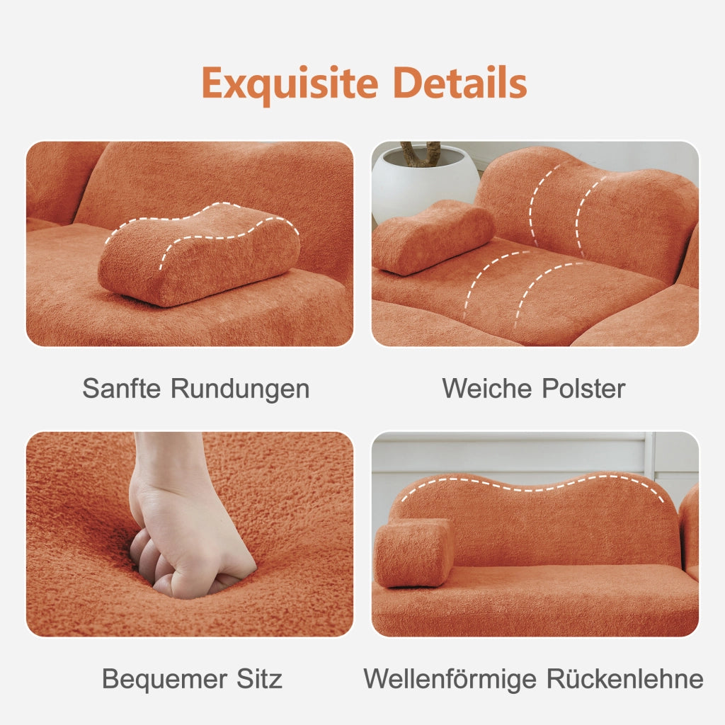 Divano angolare modulare in velluto arancione con pouf collegabile e seduta profonda 384 × 98 × 70 cm