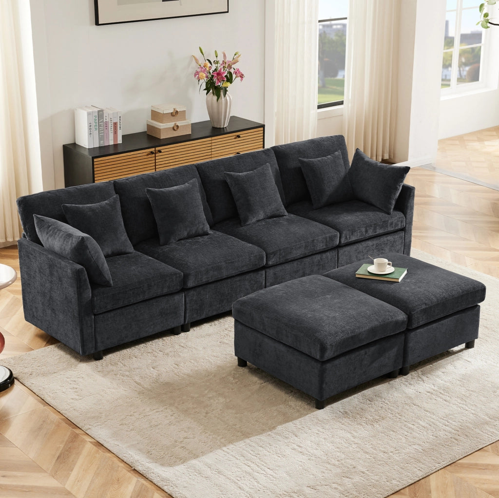 Divano modulare 4-6 posti in chenille grigio con 2 pouf