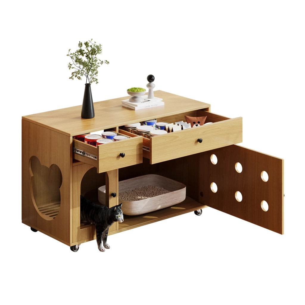 Mobile Lettiera per Gatti 100×45×66 cm con Pannello Raccogli Sabbia Rimovibile; 2 Cassetti e Ruote; Effetto Acero