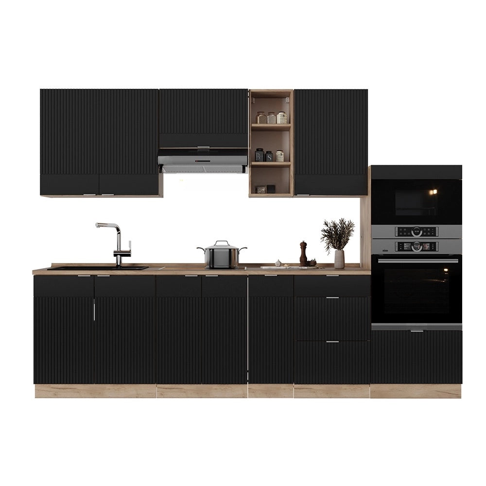 Cucina componibile Fame-Line Nero rigato/Rovere dorato 280 cm, PL Marmo Vicco
