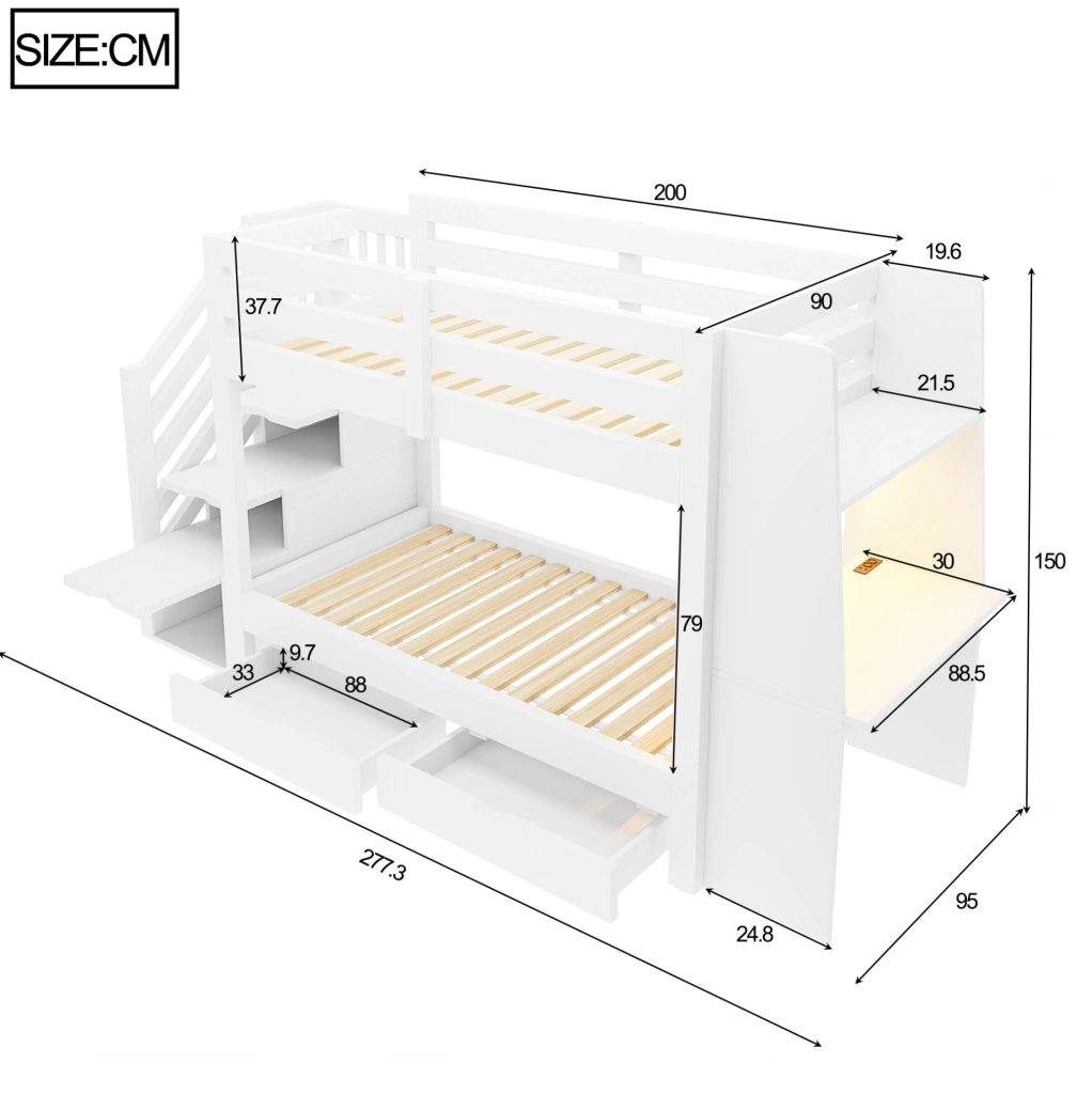 Letto a castello 90x200 cm in legno con scala contenitore; scrivania; LED e 2 cassetti; bianco