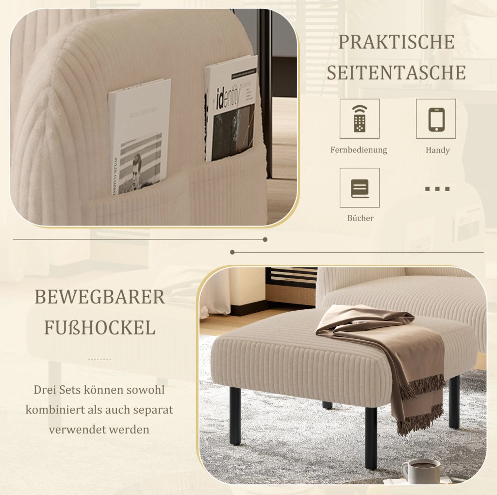 Poltrona singola beige in velluto a coste con tasca laterale