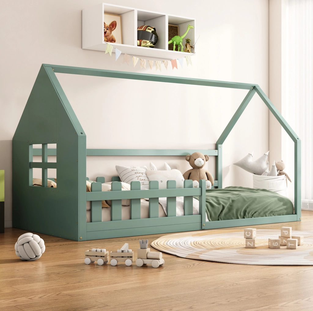 Letto per bambini a forma di casetta 90x200 cm in legno di pino e MDF, colore verde