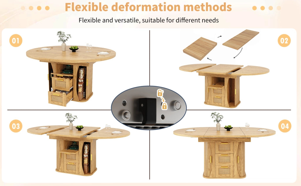 Tavolo da pranzo allungabile 118-158 cm con cassetti in rattan, MDF effetto legno, nero/naturale/marrone