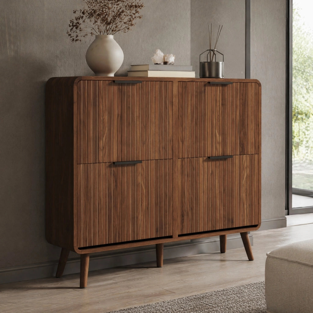 Scarpiera a ribalta 105x24x90 cm in MDF color noce; design nordico con 4 ante