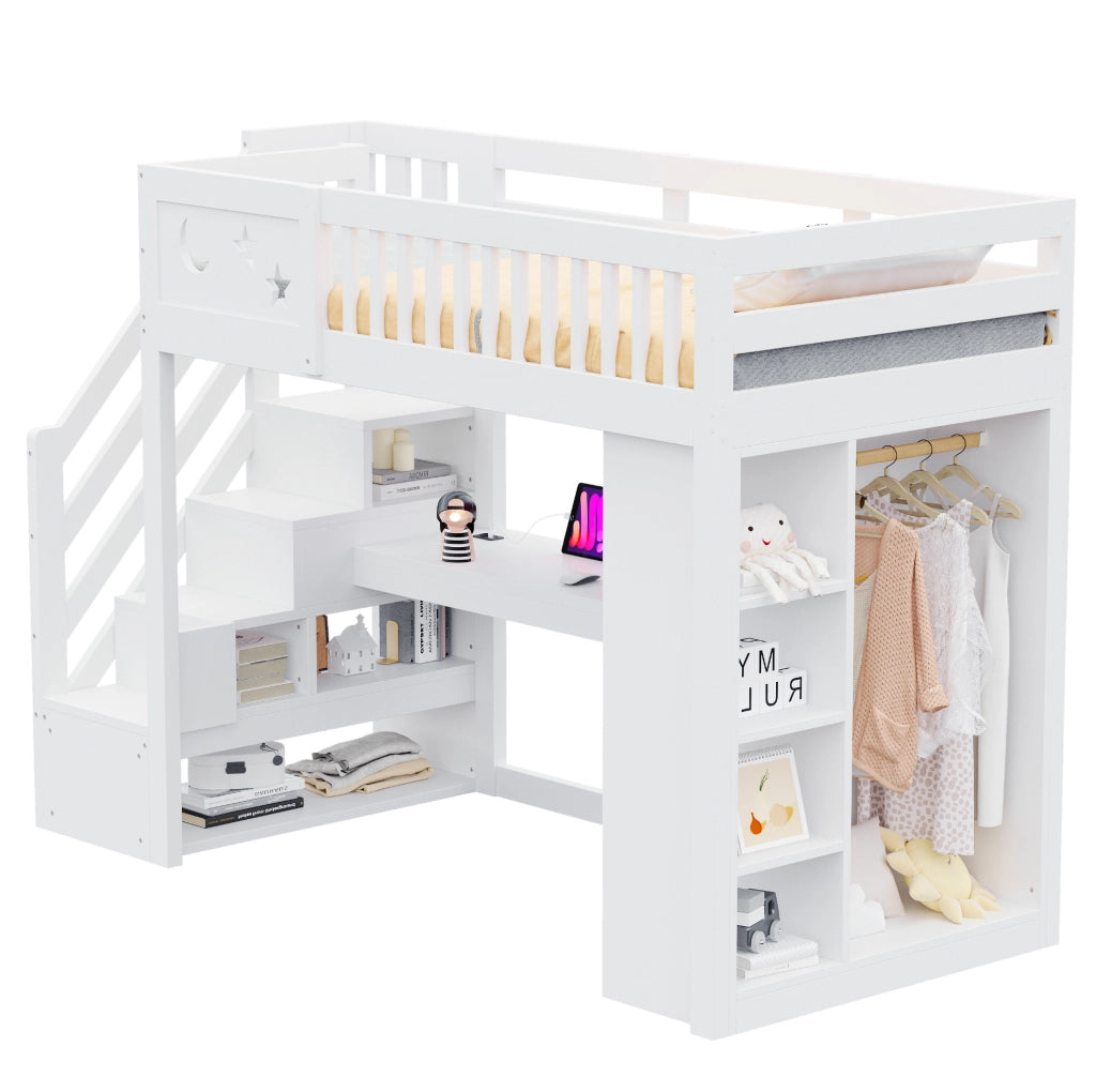 Letto a soppalco ULEVR 90x200 cm con scrivania, LED, prese e scala contenitore, bianco e colore legno