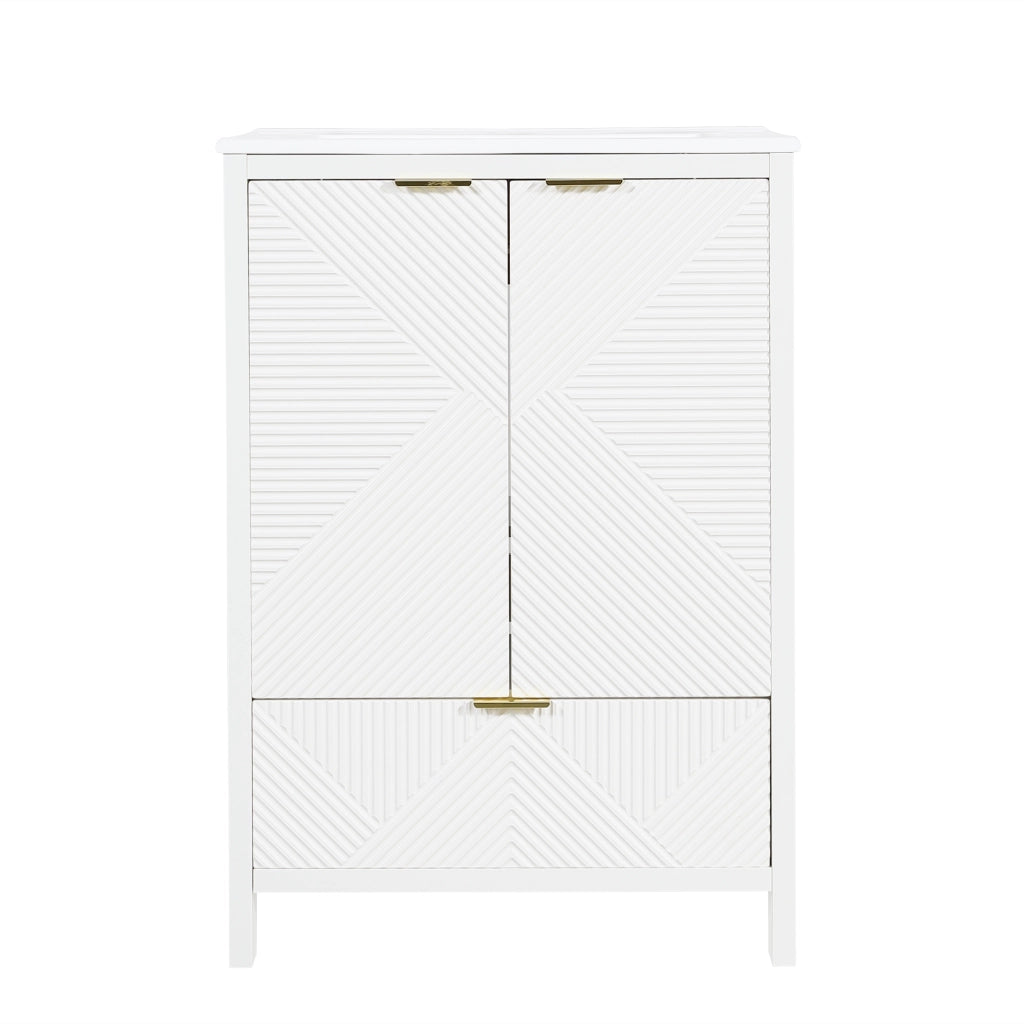 Mobile sottolavabo con lavabo in ceramica, 2 ante ammortizzate, cassetto e ripiani, per bagno, bianco, 61 × 47 × 87 cm