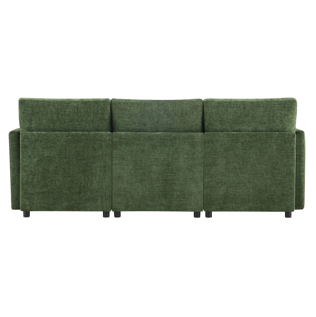 Divano angolare modulare a L con chaise longue e 4 cuscini in tessuto Chenille, 3 posti, colore verde, ideale per soggiorno e ufficio
