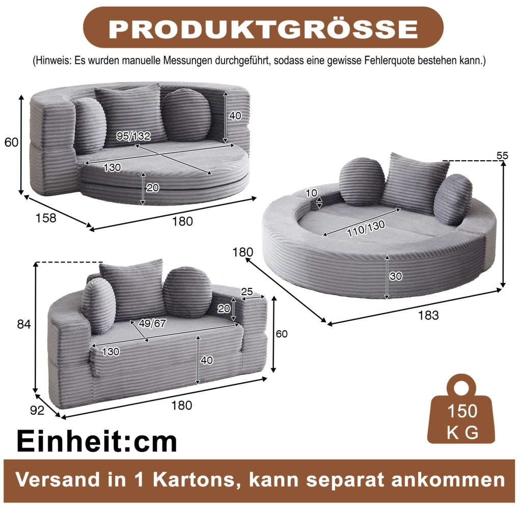 Divano letto 4-in-1 in tessuto a coste, convertibile in chaise longue rotonda, ideale per spazi compatti