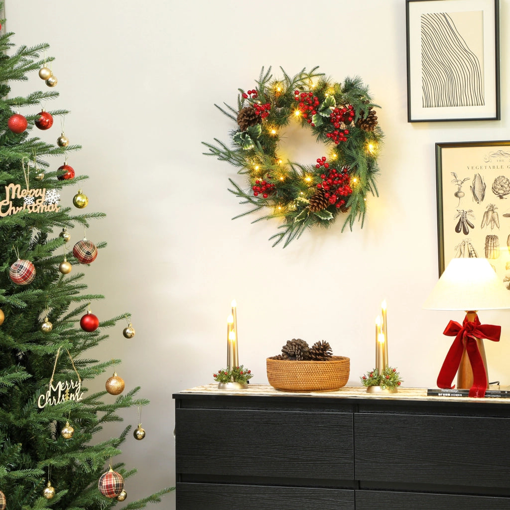 Ghirlanda Natalizia Decorativa da Interno 60cm con 35 LED Pigne Bacche e Agrifoglio