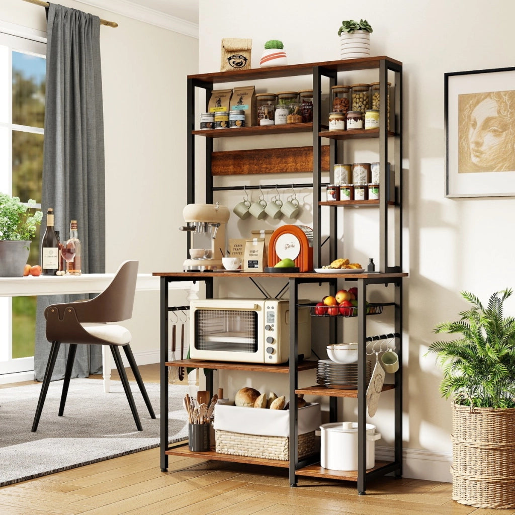 Scaffale da cucina stand per microonde a 6 ripiani con ripiani aperti, Scaffale da cucina con stazione di ricarica Marrone-Organizzazione della cucina
