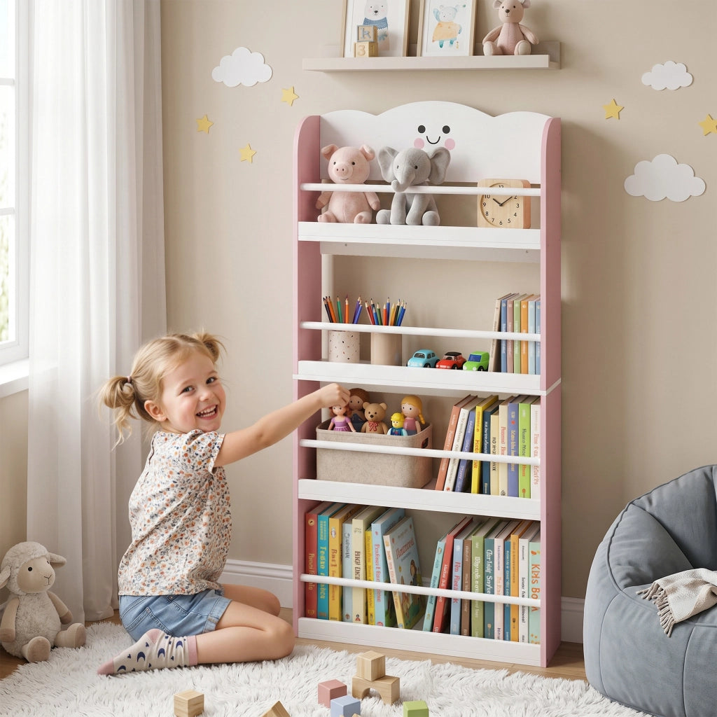 Libreria Montessoriana per Bambini 3-6 Anni con Tema Zucchero Filato, 4 Ripiani in Legno, per Cameretta, Rosa